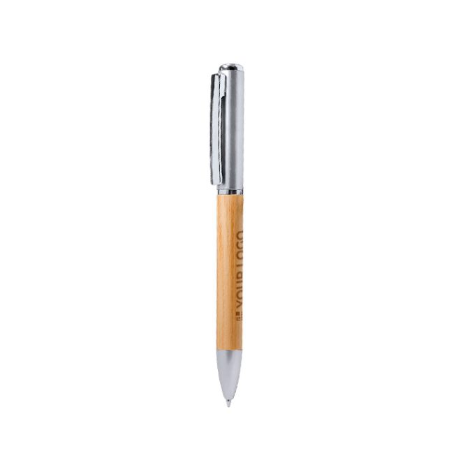 Stylo en bambou avec lampe torche LED sur le dessus, encre bleue