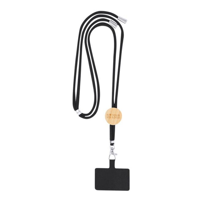Lanyard en RPET avec accessoire pour smarphone avec détail en bambou