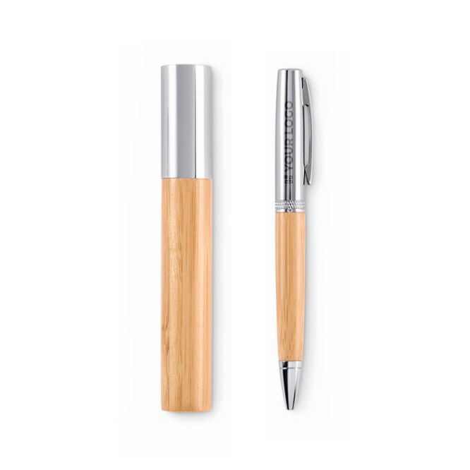 Stylo avec corps en bambou dans étui cylindrique assorti, encre bleue