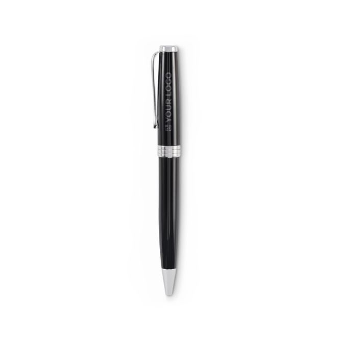 Stylo rotatif en acier inoxydable recyclé dans un étui, encre bleue