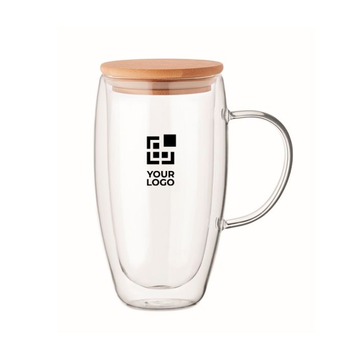 Longue tasse en verre avec anse transparente et couvercle bois 450ml