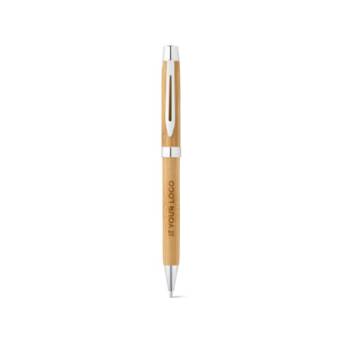 Stylo en bambou naturel avec clip métallique et encre bleue
