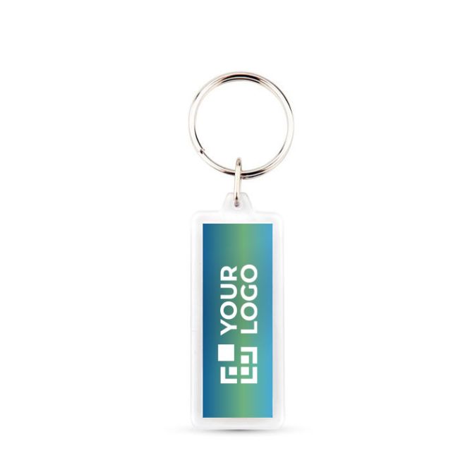Porte-clés rectangulaire en plastique avec papier inséré des 2 côtés avec zone d'impression