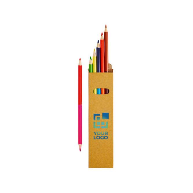 Boîte en carton avec fenêtre avec six crayons bicolores amusants avec zone d'impression