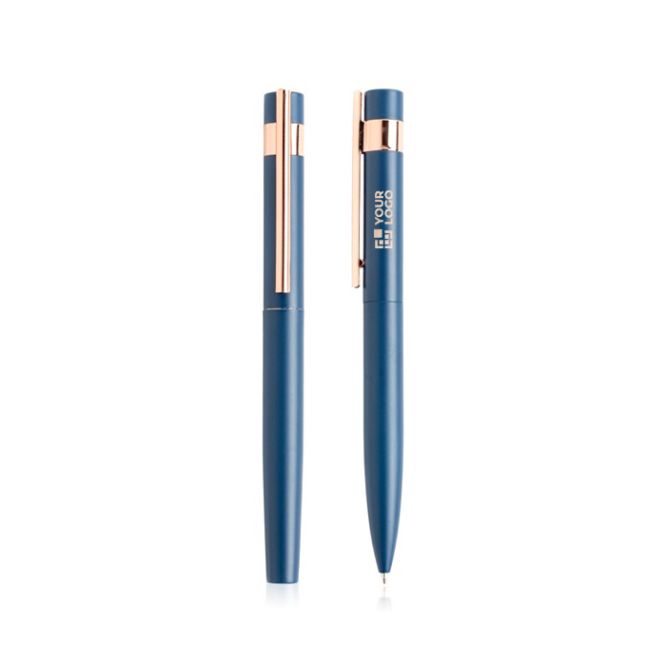 Set stylo-bille et roller avec détails dorés rose, encre noire
