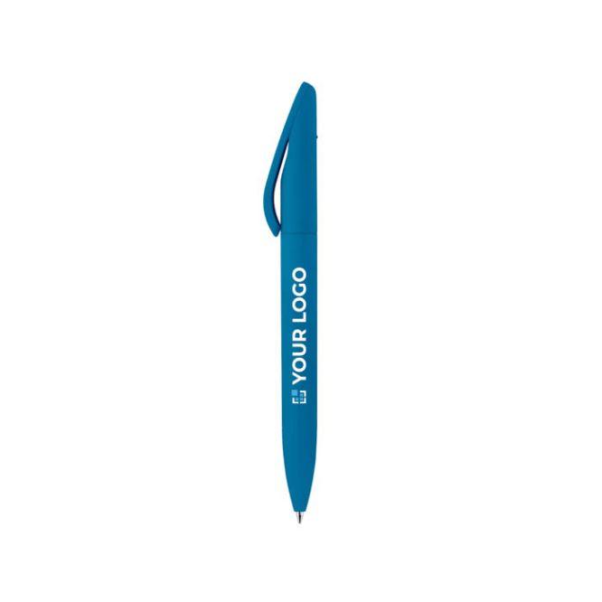 Stylo rotatif en plastique toucher doux, encre bleue, fabriqué en UE avec zone d'impression