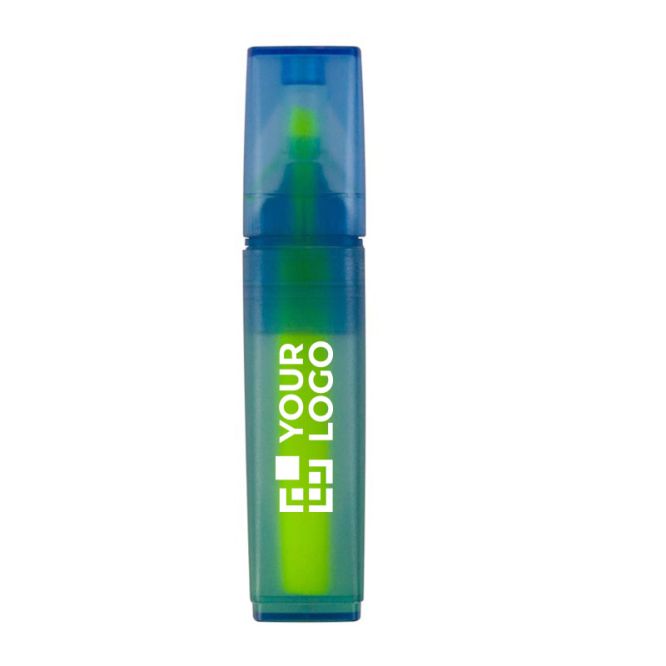 Marqueur en RPET bleu transparent avec encres de différentes couleurs avec zone d'impression