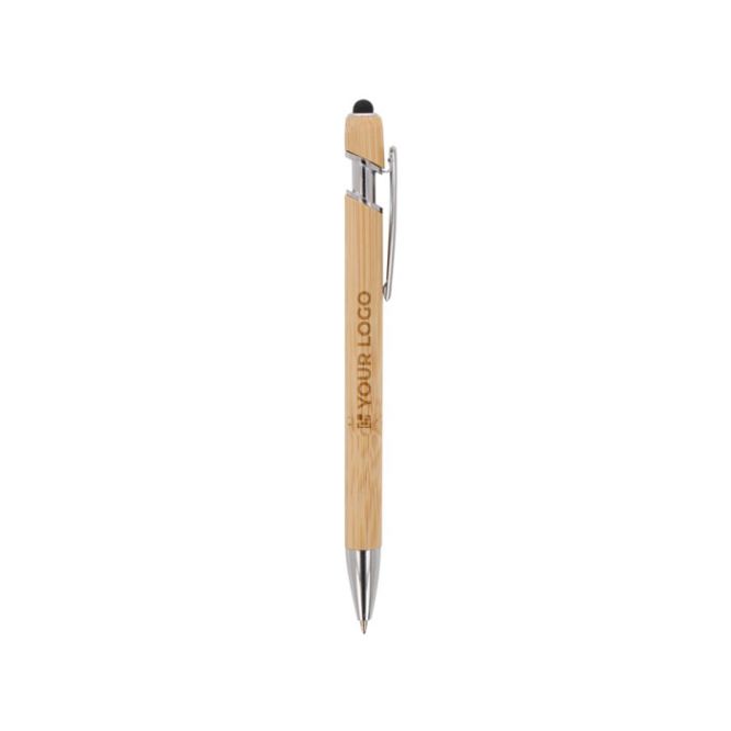Stylo en bambou écologique à bouton-poussoir et encre bleue avec zone d'impression