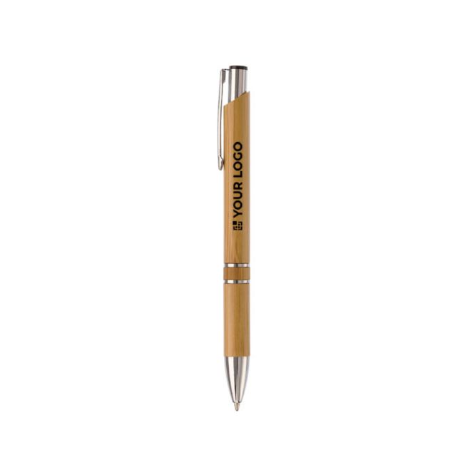 Stylo à bouton-poussoir en bambou avec double anneau argenté au milieu avec zone d'impression
