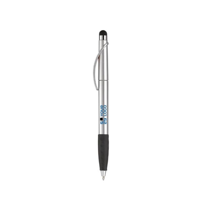 Stylo en plastique avec pointeur et poignée texturée colorée avec zone d'impression