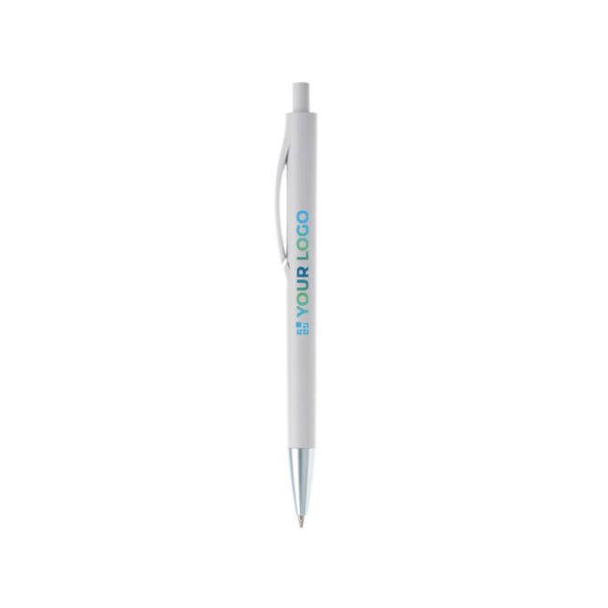 Stylo en plastique entièrement coloré avec pointe métallisée avec zone d'impression