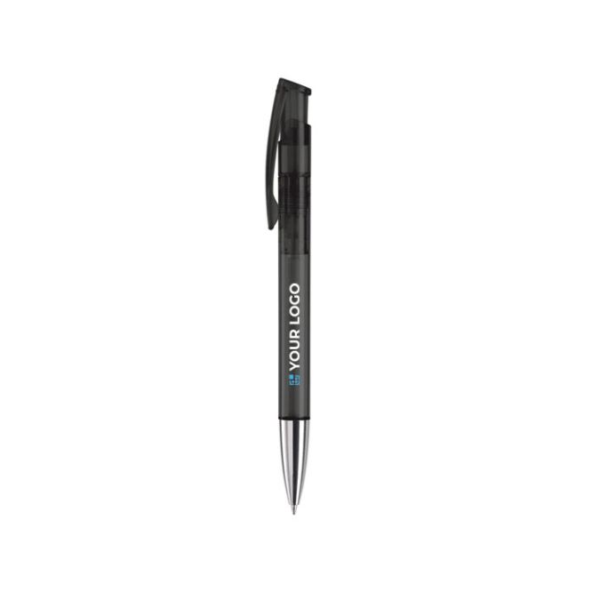 Stylo en plastique transparent coloré avec pointe métallisée avec zone d'impression