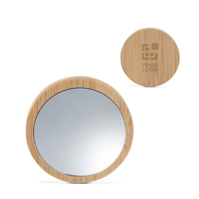 Miroir compact rond idéal pour les voyages fait en liège avec zone d'impression