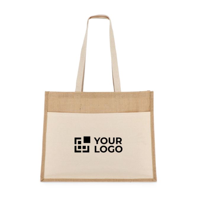 Sac en jute avec poche frontale en coton et anses assorties 320 g/m²
