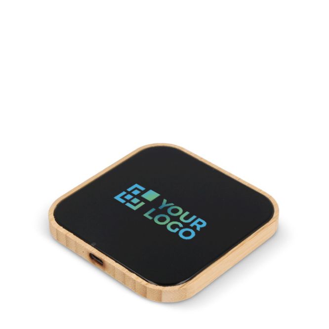 Chargeur sans fil carré en bambou et verre noir 10W avec zone d'impression