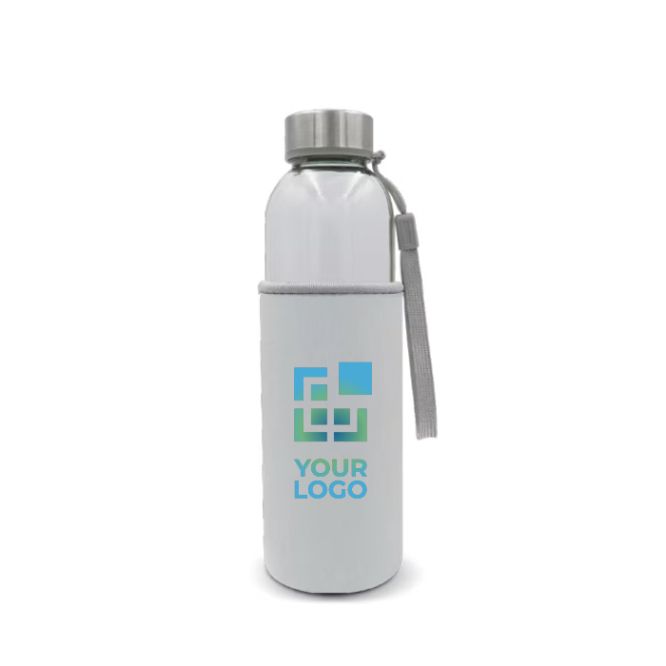Gourde en verre avec bouchon à cordon de transport et housse 500ml avec zone d'impression