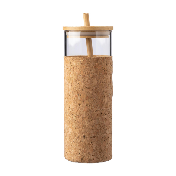 Verre 450ml avec housse en liège, couvercle et paille en bambou