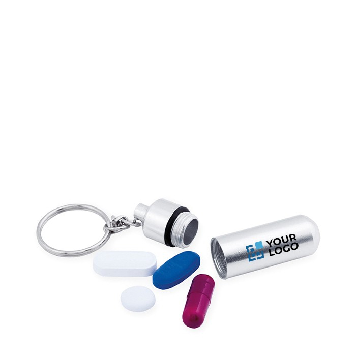 Porte-clés pilulier en aluminium avec zone d'impression
