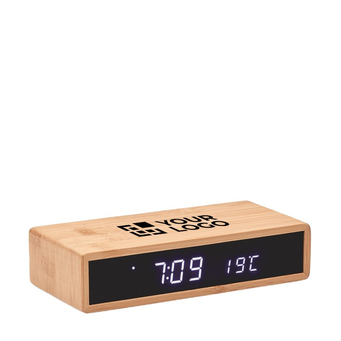 Chargeur sans fil en bambou avec réveil couleur bois