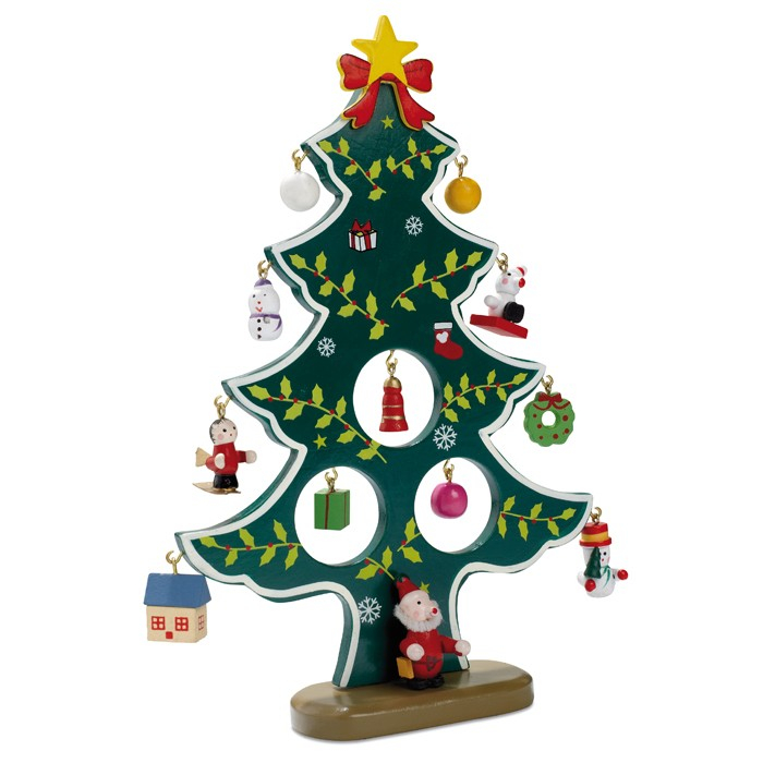 Petit sapin de Noël en bois avec ornements