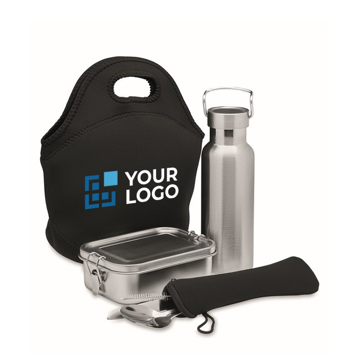 Set avec bouteille, lunchbox, couverts et sac couleur noir