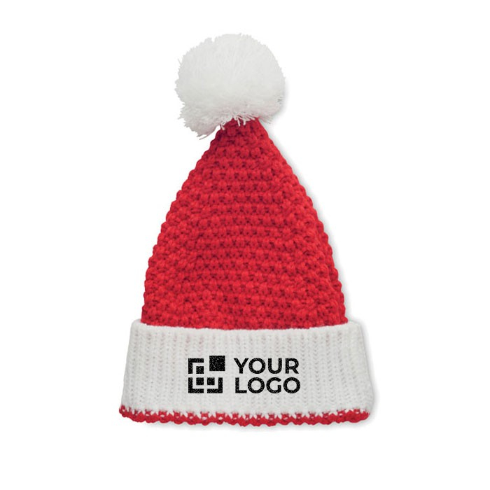 Bonnet de Noël en acrylique souple et élastique avec revers et pompon vue avec zone d'impression