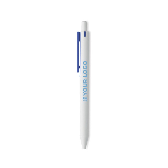 Stylos d'entreprise recyclés blancs avec clip couleur encre bleue vue avec zone d'impression