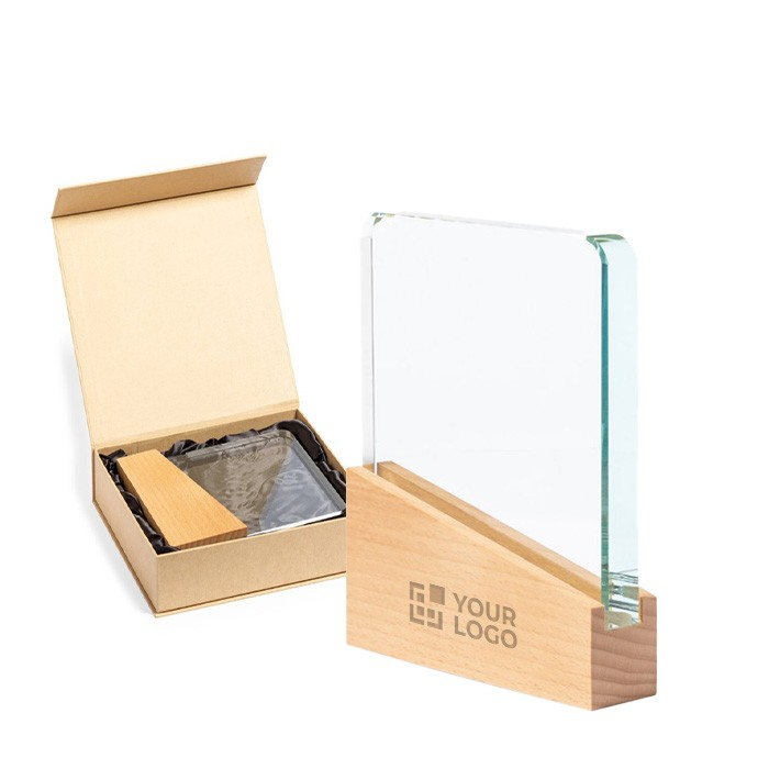Plaque en verre, base bois et étui avec fermeture magnétique