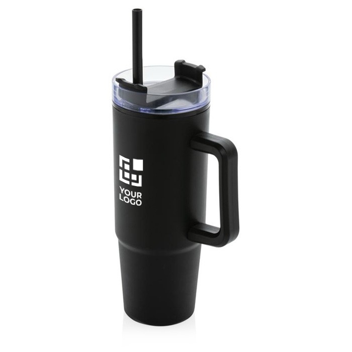 Mug thermique en plastique recyclé à couvercle 3 voies 900ml couleur noir avec zone d'impression