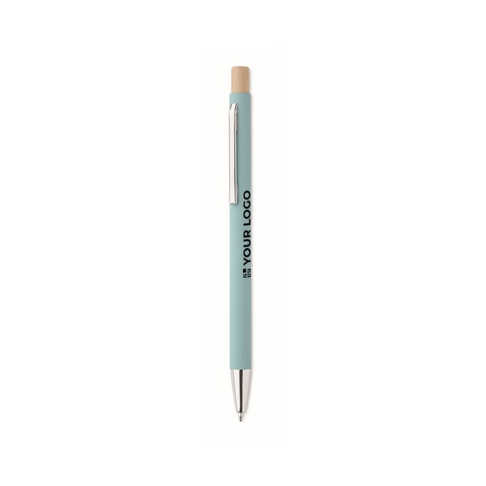 Stylo en aluminium recyclé avec bouton poussoir bambou, encre bleue