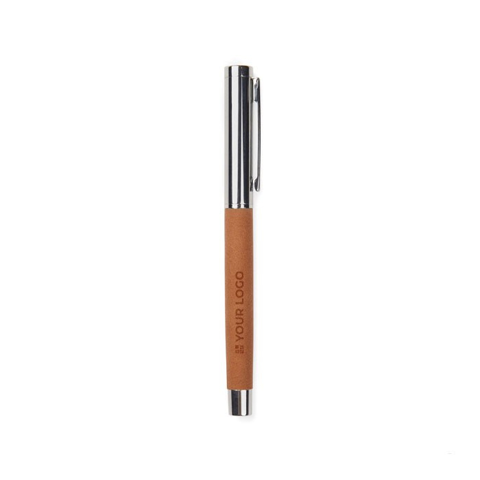 Stylo en acier inoxydable recyclé et cuir synthétique avec encre bleue