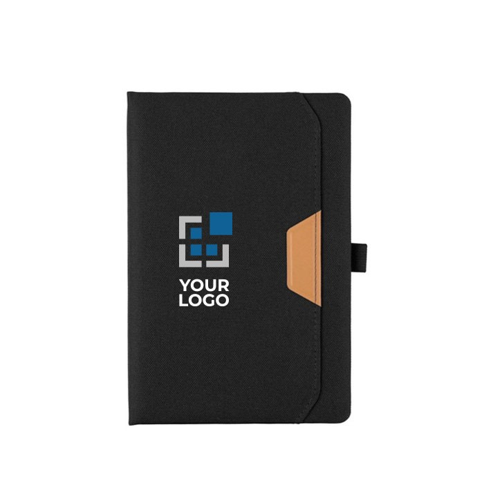Carnet avec couverture rigide en RPET et feuilles lignées, format A5 couleur noir avec zone d'impression