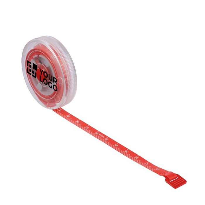 Mètre ruban rétractable, bouton-poussoir et mécanisme de blocage 1,5m couleur rouge avec zone d'impression