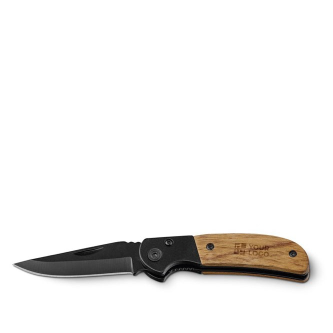 Couteau de poche en acier inoxydable et bois avec fermeture.