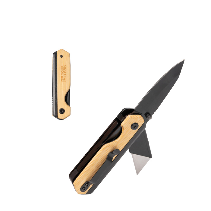 Outil multifonction compact avec clip métallique et corps en bambou