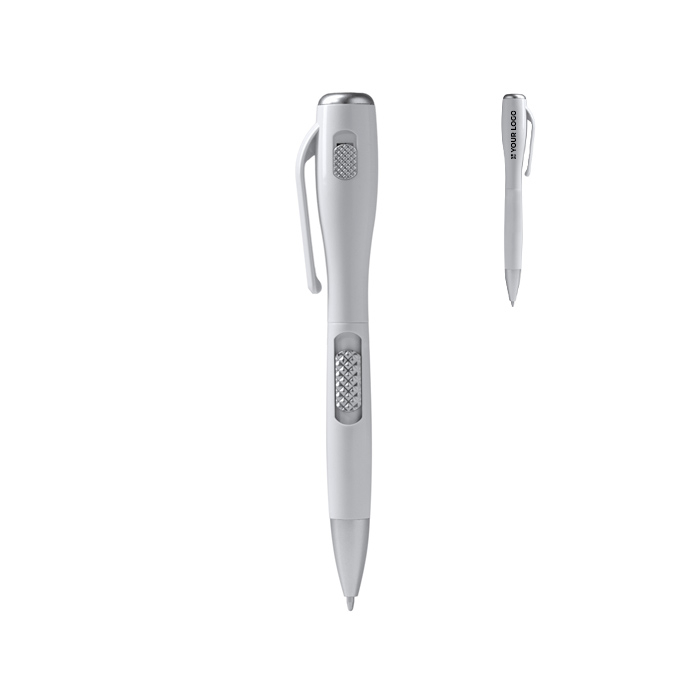 Stylo en plastique avec lampe LED, mécanisme à bouton-poussoir et encre bleue