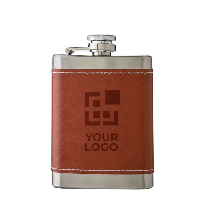 Flacon en acier inoxydable avec étui en cuir marron 100ml