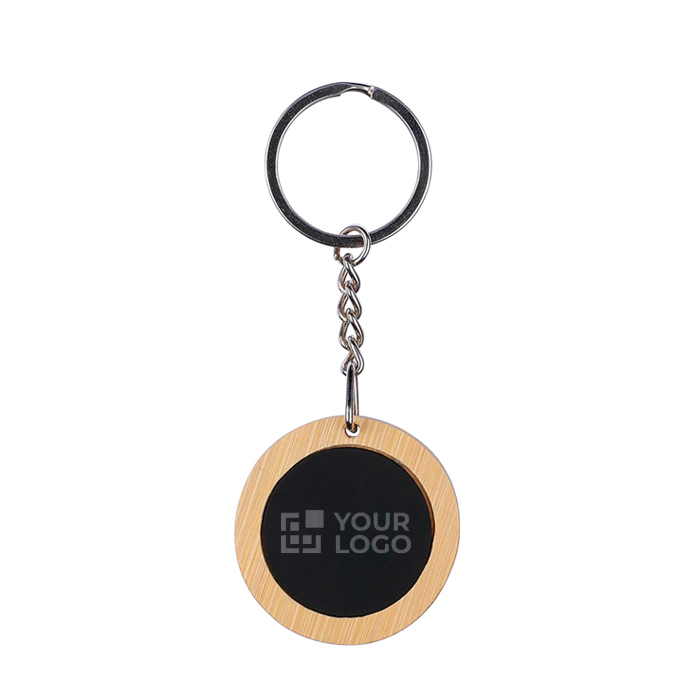 Porte-clés de forme ronde en bambou avec surface noire