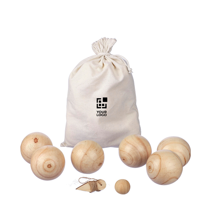 Jeu de pétanque avec boules en bois dans sac en coton