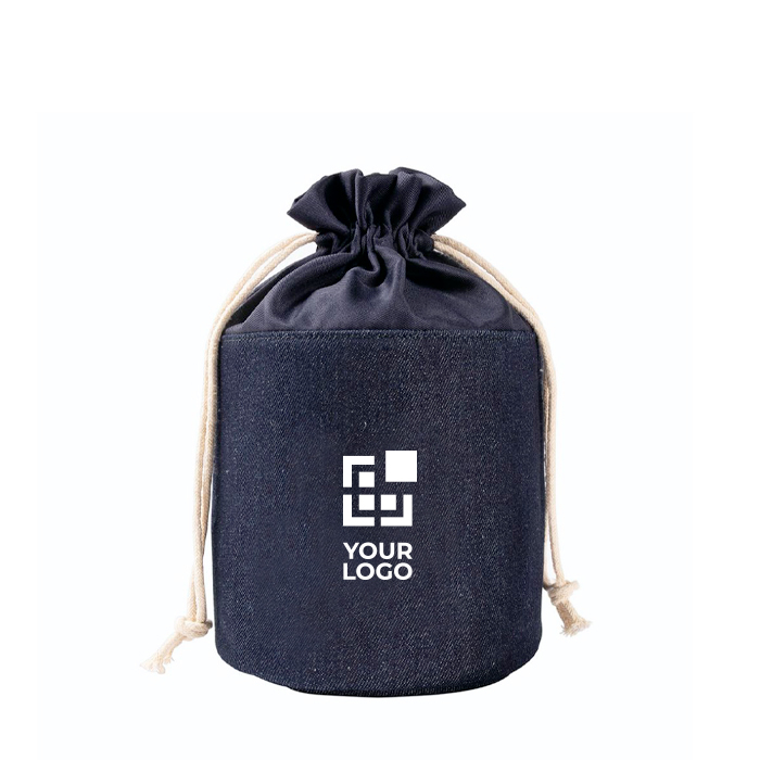 Trousse cylindrique en tissu jean avec fermeture à cordon