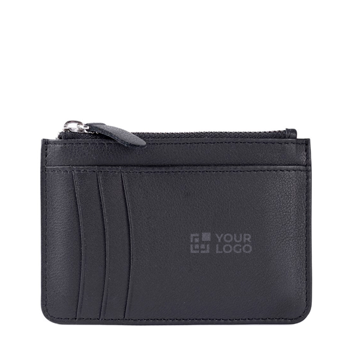 Portefeuille-porte-cartes en cuir noir avec fermeture éclair centrale
