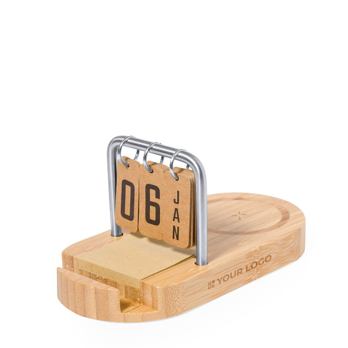 Chargeur sans fil en bambou avec calendrier et support pour mobile 15W
