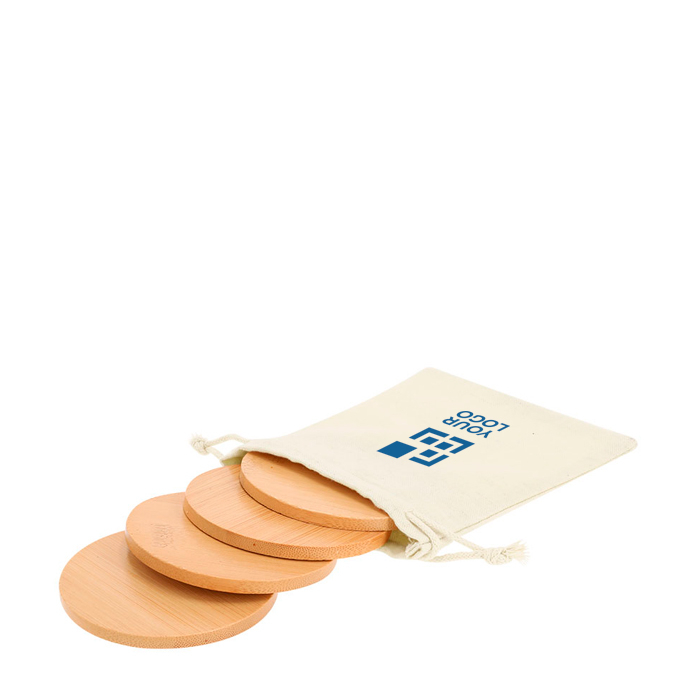 Set de 4 sous-verres en bambou dans un sac en coton avec fermeture