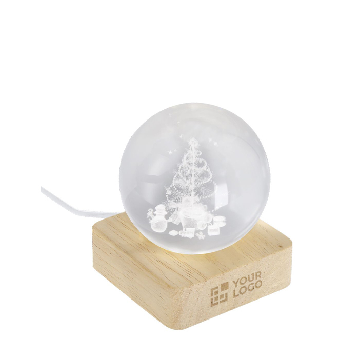 Décoration de Noël boule de verre avec base en bois et lumière chaude