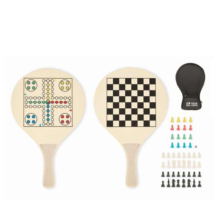 Raquettes de plage en bois avec jeux et sac en maille RPET