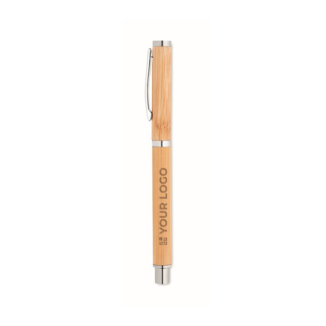 Stylo roller en bambou et acier inoxydable avec encre gel bleue