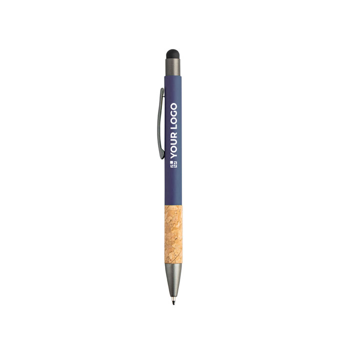 Stylo en aluminium et liège avec texture caoutchoutée encre bleue avec zone d'impression