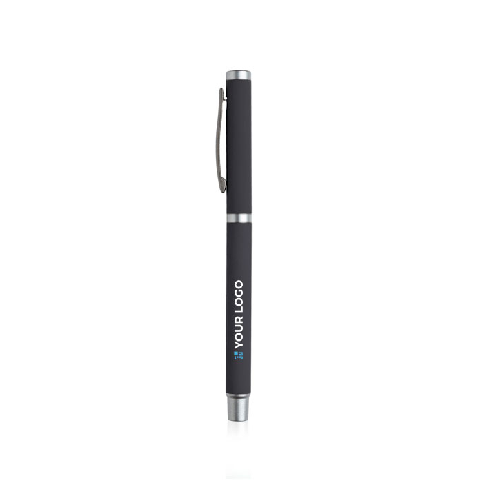 Roller en métal avec finition en gomme et bouchon à clip encre bleue avec zone d'impression