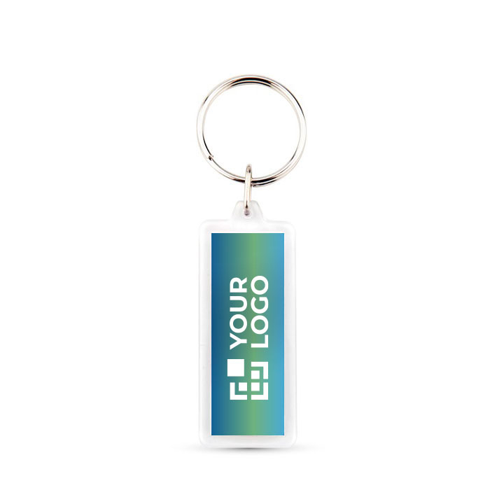 Porte-clés rectangulaire en plastique avec papier inséré des 2 côtés avec zone d'impression