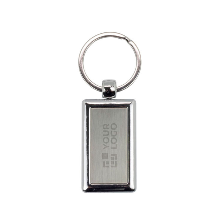 Porte-clés rectangulaire avec côté en plastique coloré et anneau métal avec zone d'impression